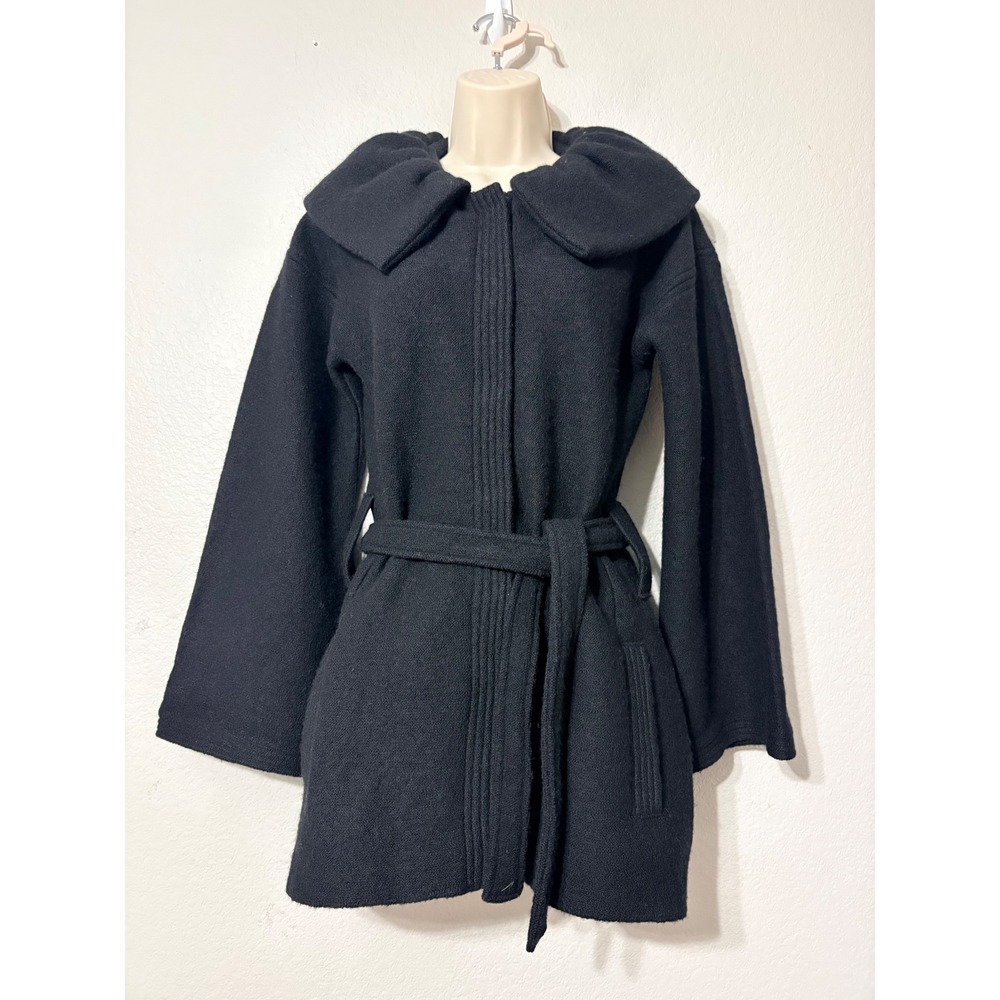Kenar Womens Black 100% Wool Snap Coat Statement Portrait Collar Belted Small